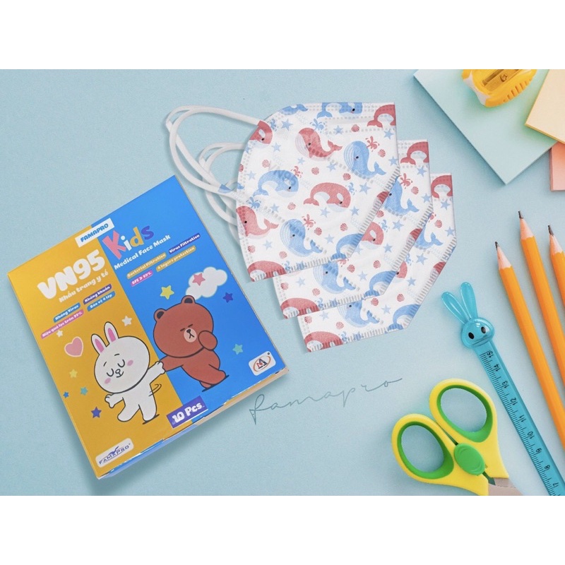 Khẩu trang vn95 kids thương hiệu FAMAPRO, chính hãng công ty NAM ANH , dành cho bé từ 3-10 tuổi