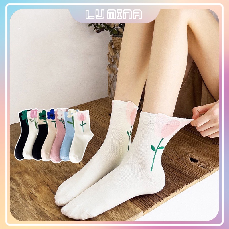 Tất vớ nữ cổ cao in họa tiết bông hoa, cỏ may mắn phong cách Hàn Quốc chất Cotton mềm mịn thấm hút mồ hôi cực tốt TD048