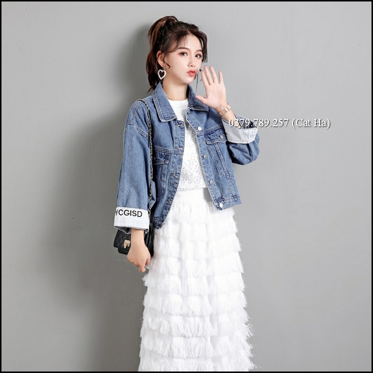 Aó khoác jean nữ xám xanh form dưới 58Kg SKJY lật tay 2 BB12