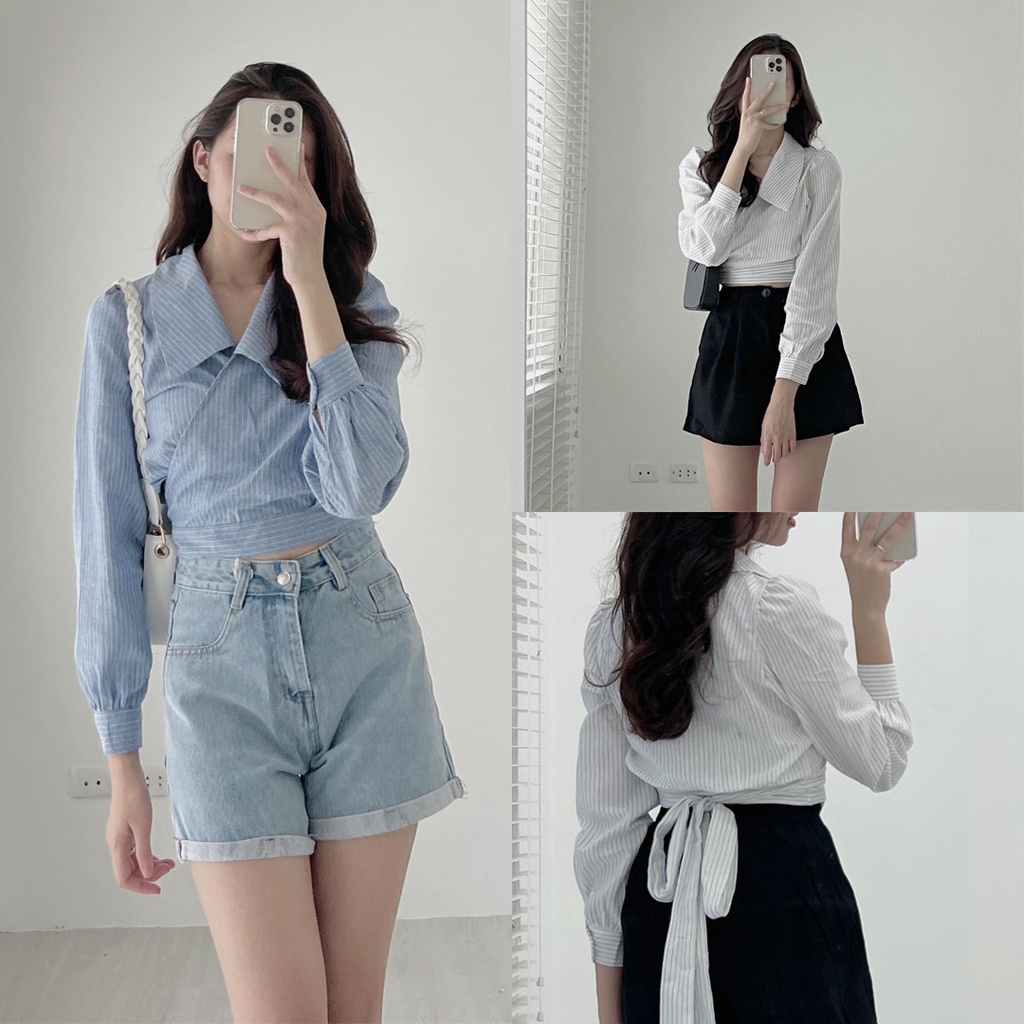 Áo sơ mi Hàn Quốc, Áo sơ mi kẻ sọc nhỏ buộc nơ eo tay bồng Ulzzang