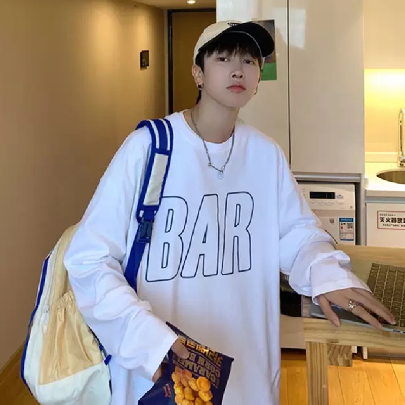 Áo thun tay dài dáng rộng in chữ phong cách Hàn Quốc thời trang trẻ trung cho nam size M-5XL