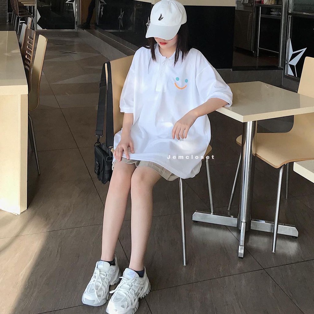 Áo Polo Nữ Tay Lỡ JEM CLOSET Thiết Kế Basic In Họa Tiết Mặt Cười Áo Thun Nữ Form Rộng APP 2 Màu Đen Trắng Siêu Cute10039