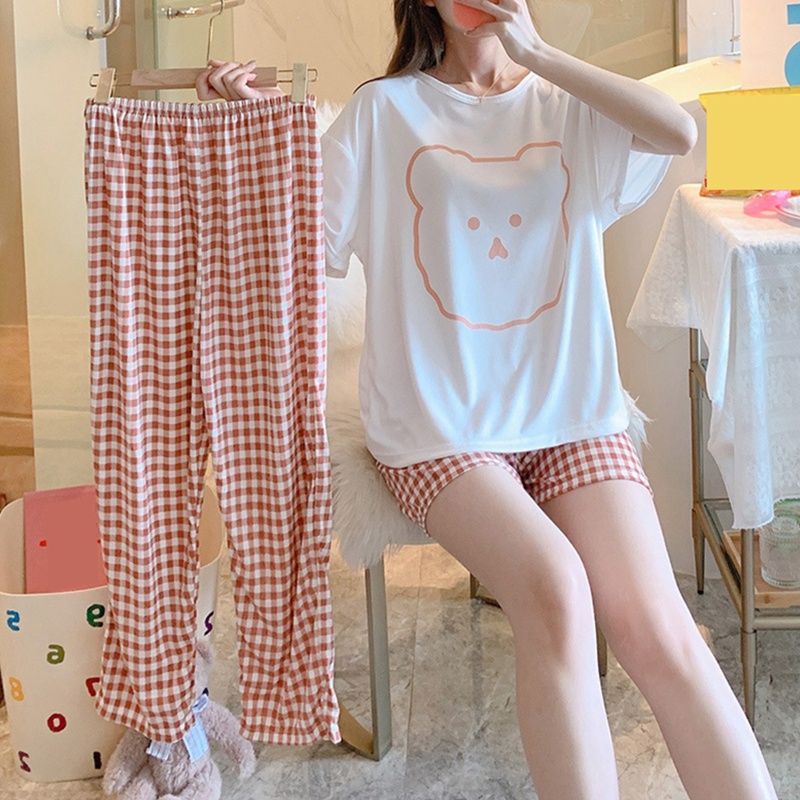 Set Đồ Ngủ 3 Món Gồm Áo Thun Tay Cộc In Họa Tiết Kẻ Sọc / Quần Đùi / Áo Thun In Hình Gấu Dễ Thương Cho Nữ