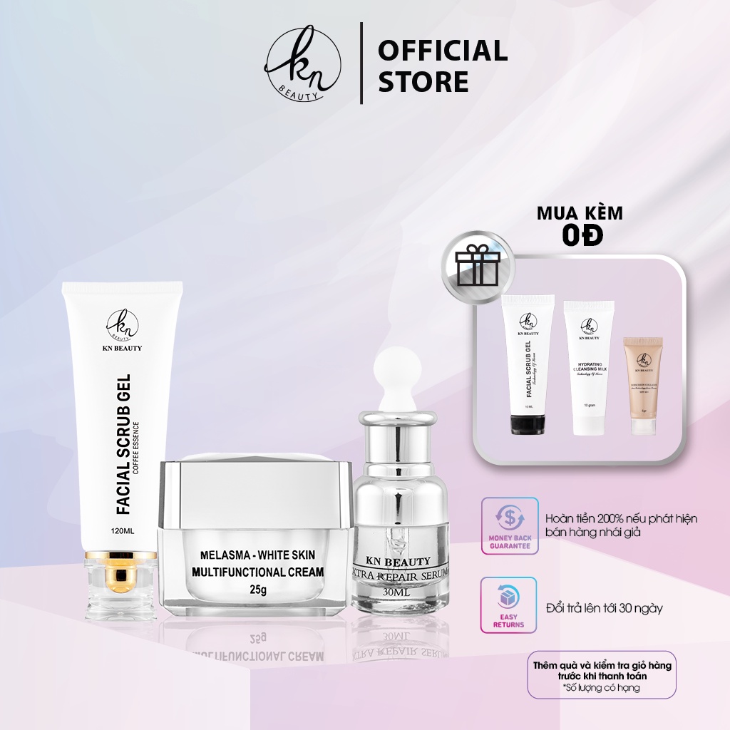 Bộ 3 Trắng Da Ngừa Nám KN Beauty : Kem dưỡng 25g + Serum 30ml+ Tẩy tế bào chết 120ml tặng set mẫu thử mini