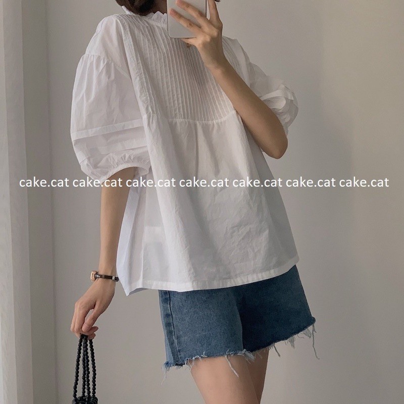 ÁO SƠ MI TRẮNG BABYDOLL CỔ REN TAY LỠ XẾP LY NGỰC