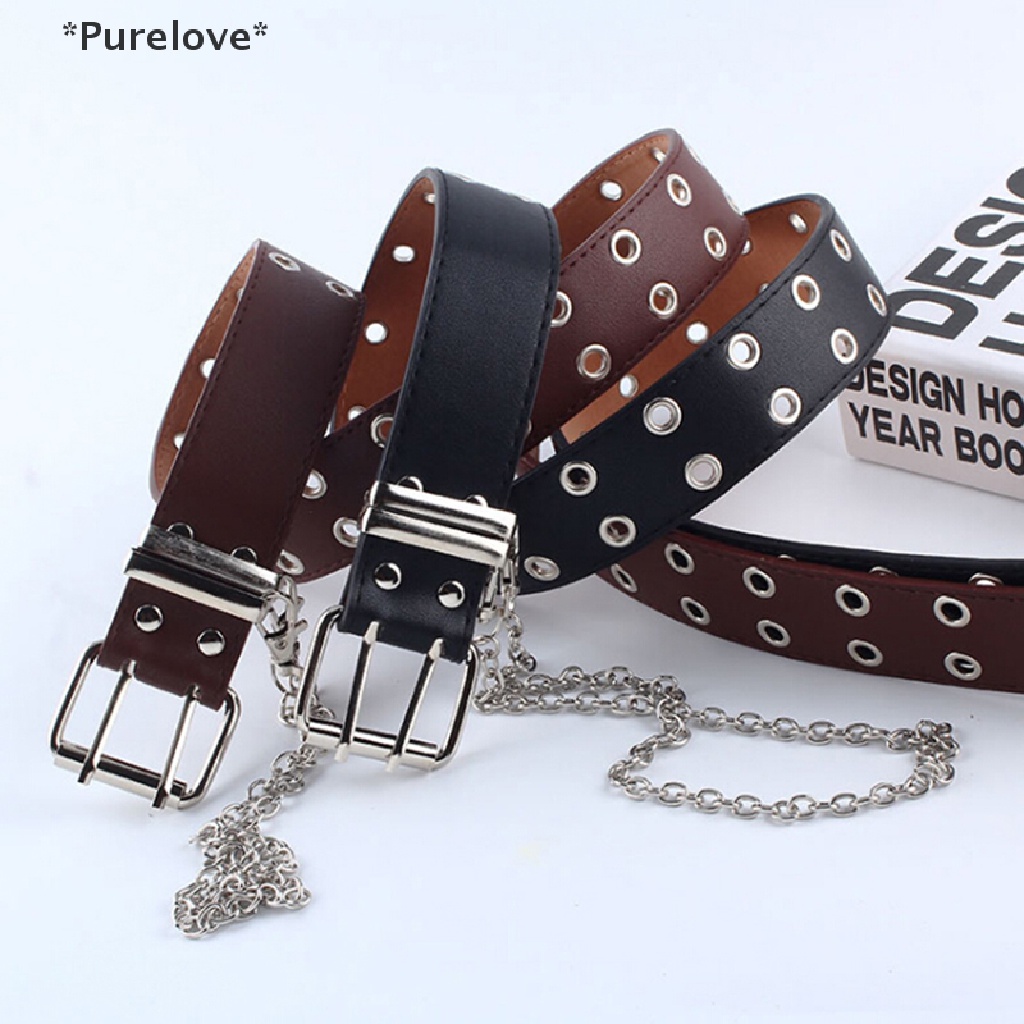 Thắt Lưng Da Màu Đen / Đen Phối Hai Khóa Cài Tùy Chỉnh Phong Cách Punk Cá Tính Cho Nữ
