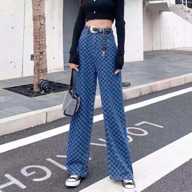 Quần jean nữ màu xanh ống suông phom rộng hoạ tiết G.C hot trend phong cách Ulzzang Hàn cực chất năng động cá tính