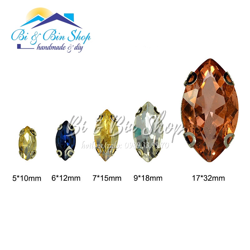 20 Viên Đá Đế Lá Me 7x15mm Hạt Pha Lê Đính kết Trang Phục, Làm Phụ Kiện Thời Trang