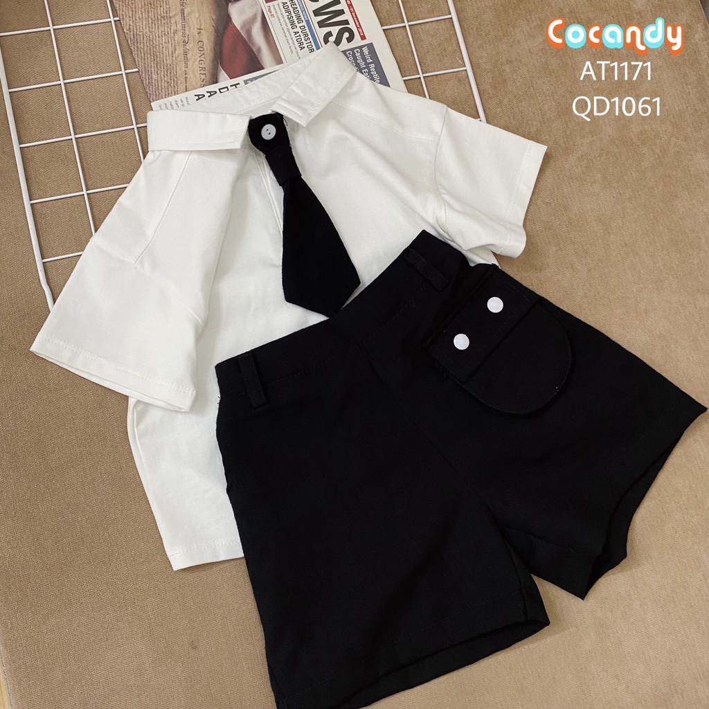 Set đồ cho bé- Áo cộc thun trắng có cổ và quần đũi đen cho bé của COCANDY mã AT117100, QD106104( chưa kèm cà vạt)