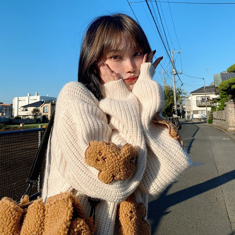 Áo Sweater Nữ Tay Dài Dáng Rộng In Hình Gấu Trẻ Trung