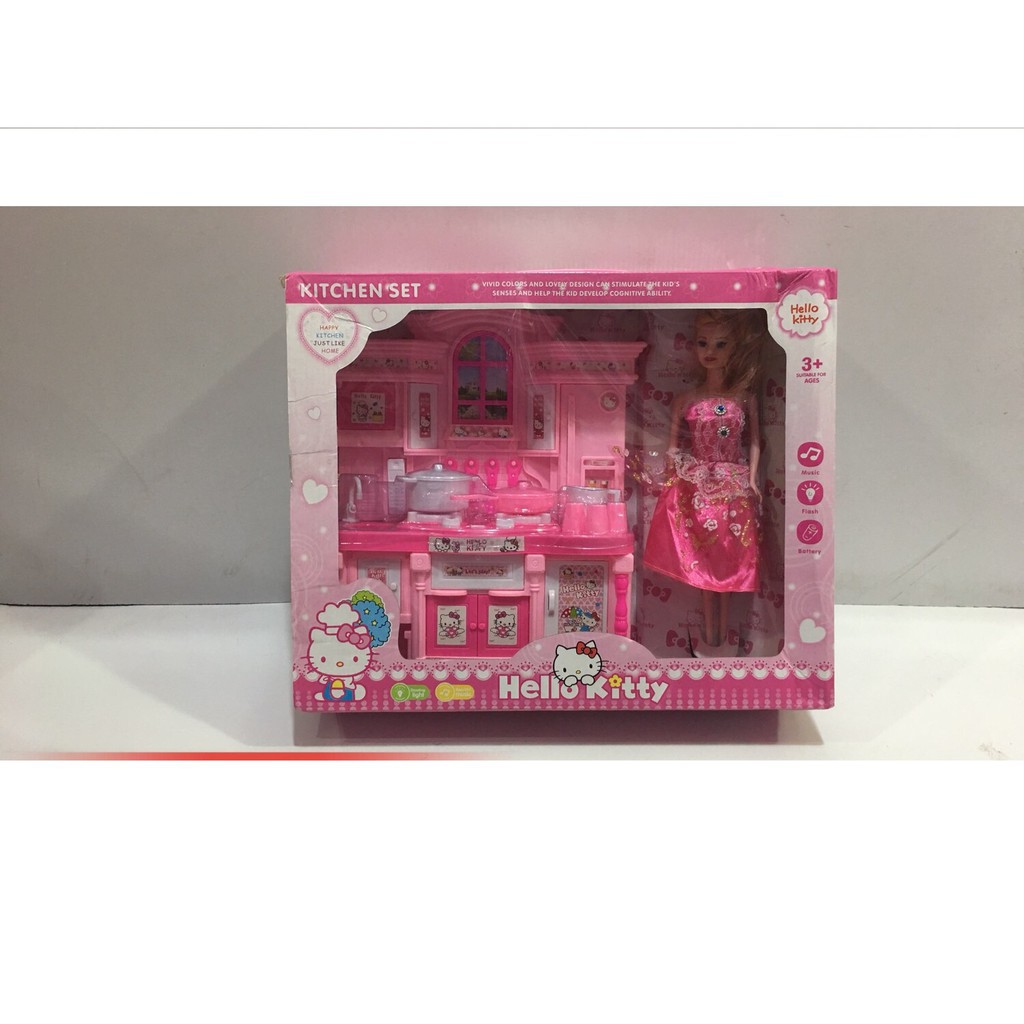 Bộ Đồ Chơi Nhà Bếp dễ thương Hello Kitty Cùng Búp Bê Barbie (Có Đèn, Nhạc)