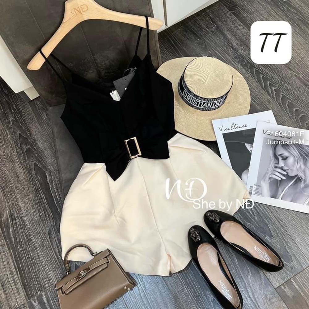 Jumpsuit short phối màu nơ eo gài khoen 2 dây!