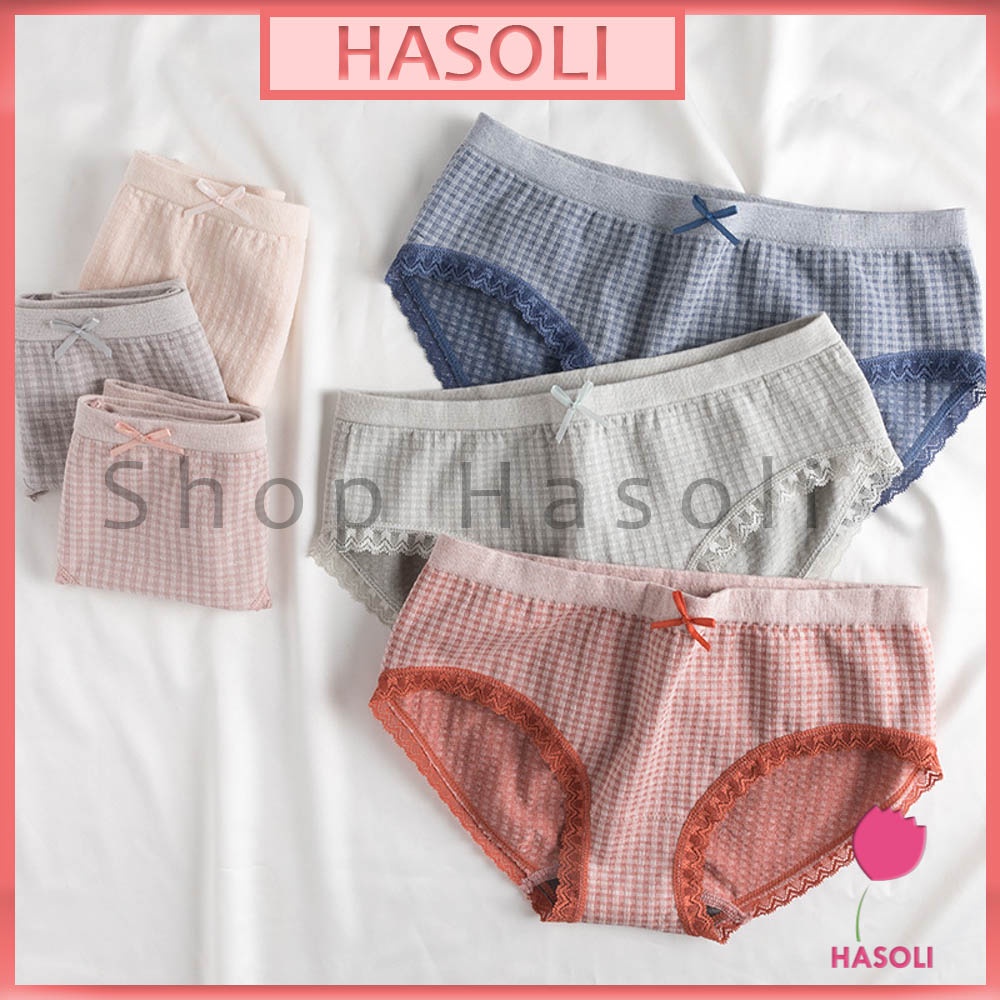 Quần Lót Nữ Sọc Kẻ Caro Viền Ren Cotton Cao Cấp Túi Zip S27