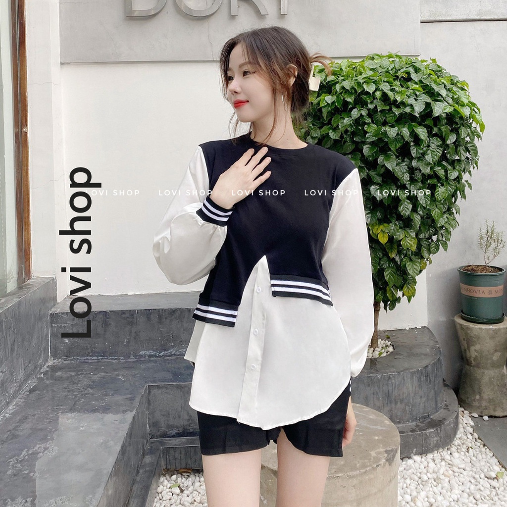 LOVISHOP- Áo babydoll trắng đen sọc bo tay Lovi