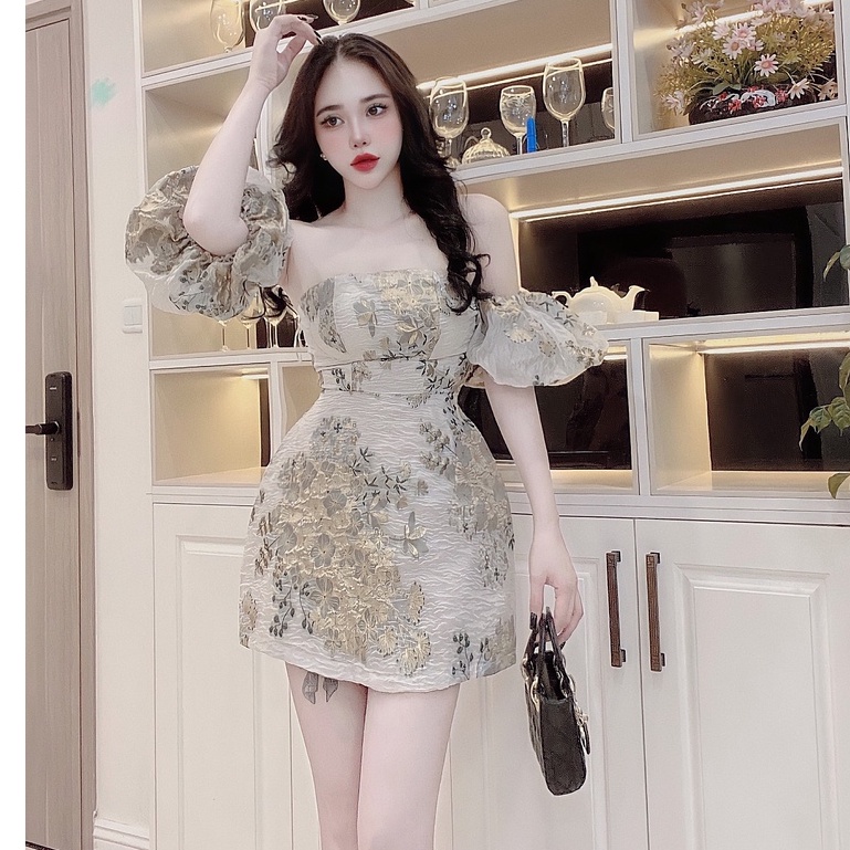 Váy Nữ Dự Tiệc Trễ Vai Tay Phồng Bo Eo, Đầm Dáng Xòe Công Chúa Đi Chơi, Vải Gấm Hoa, Màu Vàng Xám GA07-25