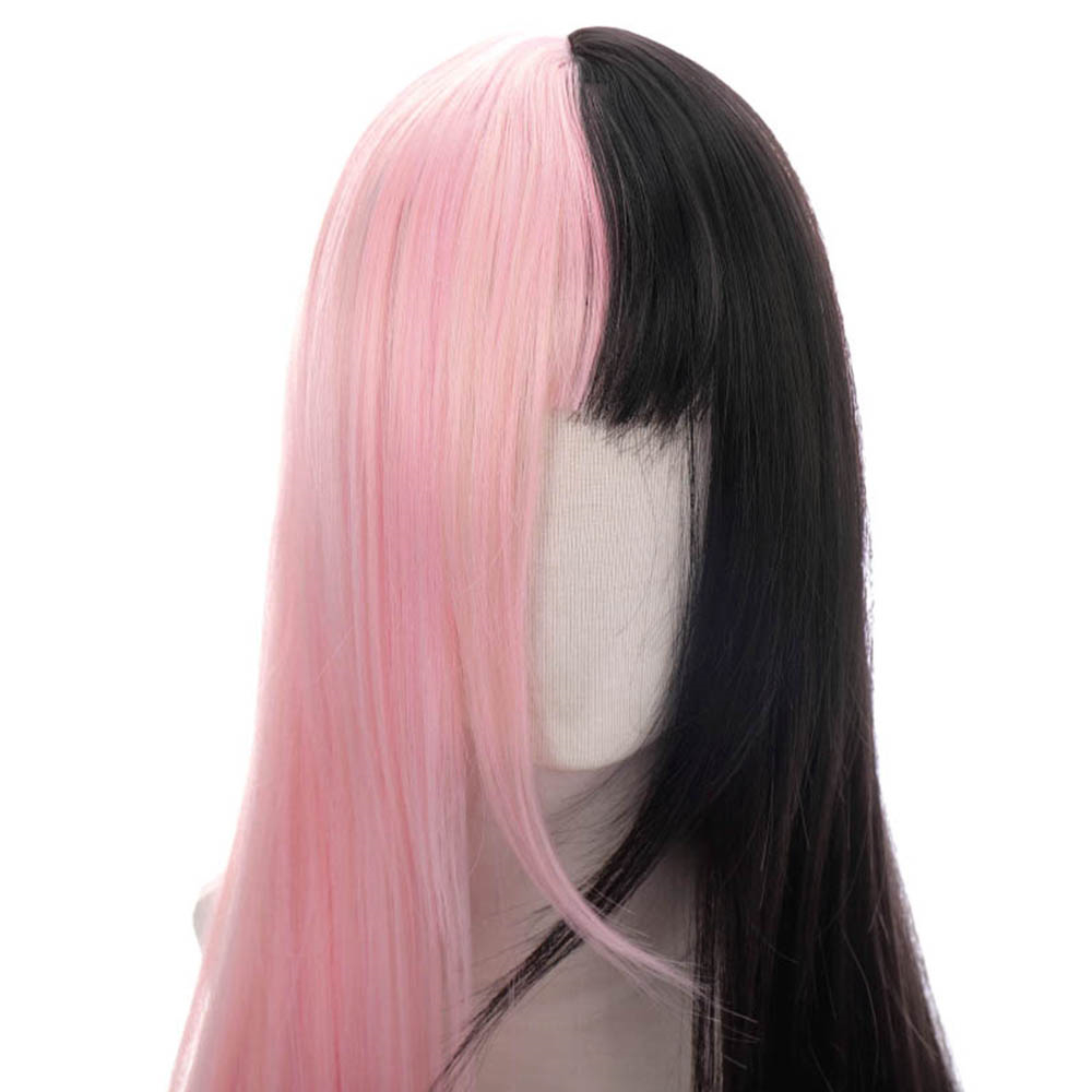 ❤LANSEL❤ Women Female Black&pink Wig Synthetic Bangs Lolita Double Color Toupee Long Thick Hair Extension Harajuku Goth Style Hair Cosplay Long Straight Hair