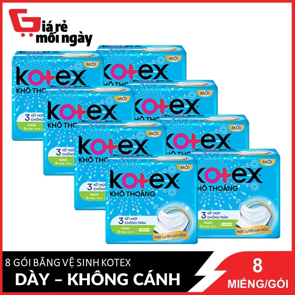 Combo 8 Gói Băng Vệ Sinh Kotex Khô Thoáng 23cm Dày Không Cánh 8 Miếng X8