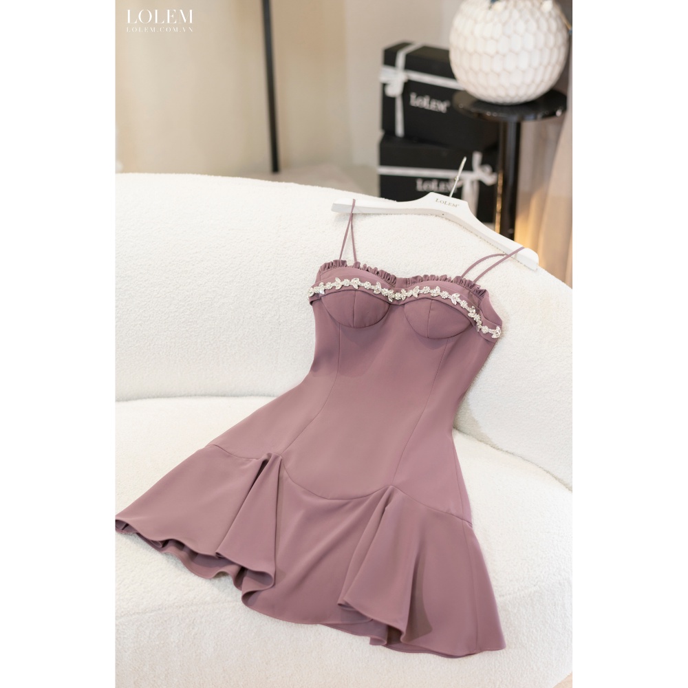 Đầm ôm body sexy LOLEM DO184 vải sạn lụa đuôi cá hai dây nhún ngực đính pha lê