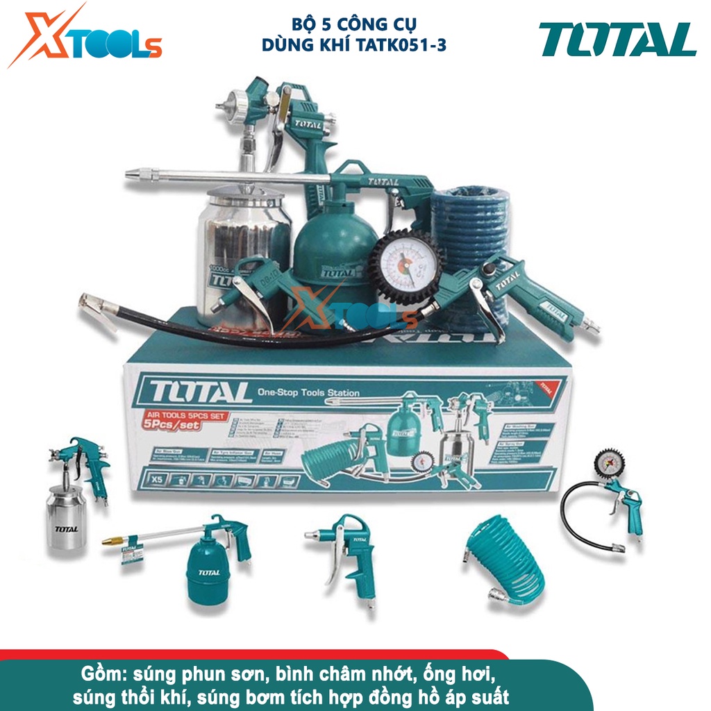 Bộ 5 công cụ dùng khí TOTAL TATK051-3, gồm dây hơi PU, súng thổi khí, súng phun sơn, bơm lốp xe [CHÍNH HÃNG][XTOOLS]