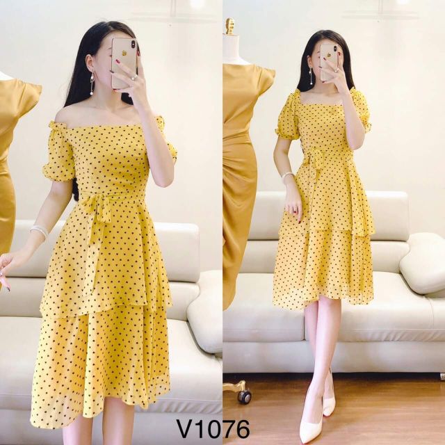 Váy trễ vai vàng chấn bi 2 tầng