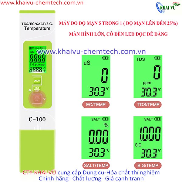 Máy đo ĐỘ MẶN, TDS, EC, TỶ TRỌNG, NHIỆT ĐỘ kiểm tra chất lượng nước 5 trong 1 (C100)