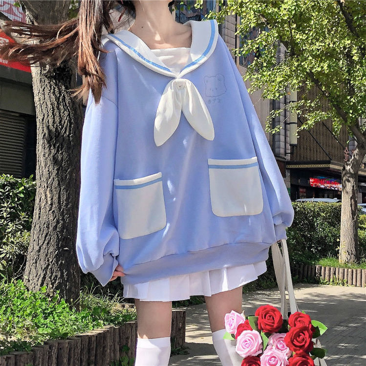 Áo Hoodie Tay Dài Dáng Rộng Phối Nơ Dễ Thương Cho Nữ