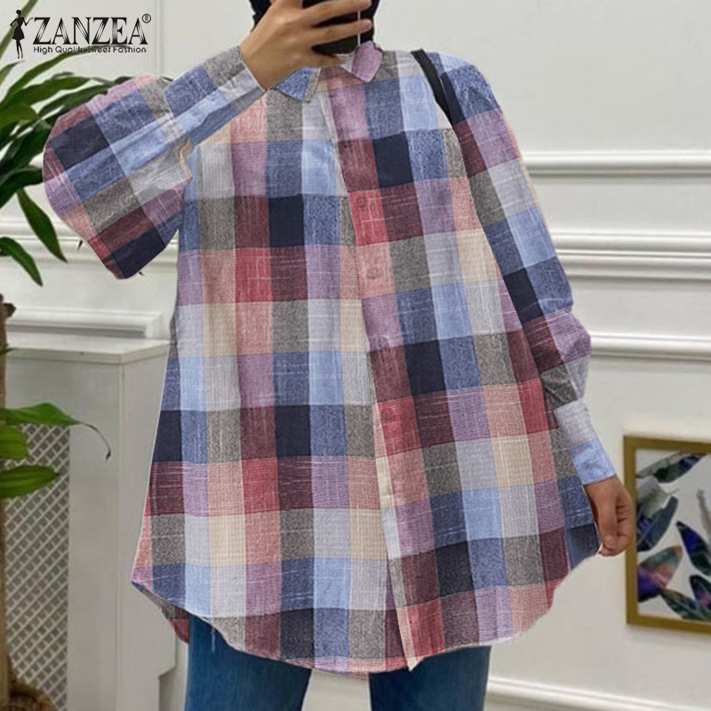 Áo sơ mi ZANZEA tay dài họa tiết sọc ca rô thời trang retro cho nữ