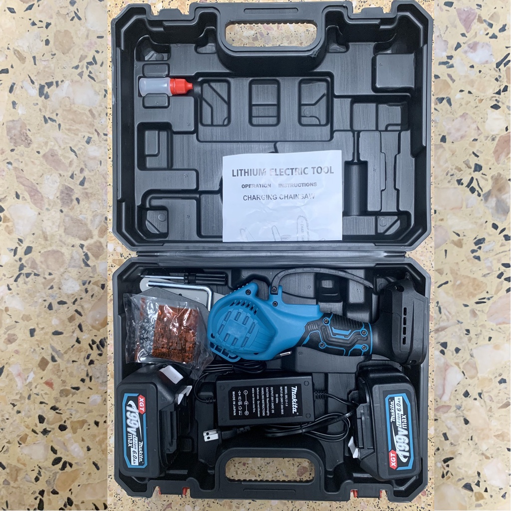 Máy cưa xích Makita 199v, Máy cưa pin cầm tay pin 10cell cắt gỗ tỉa cành cây động cơ mạnh mẽ, bảo hành 12 tháng