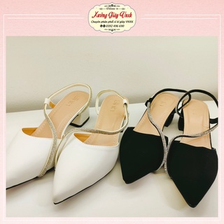  Sục nữ mũi nhọn 5 phân cao gót phối dây kim tuyến Thiên Hương VNXK BP64N9 Guốc nữ 5p 2 màu đen trắng da lộn 