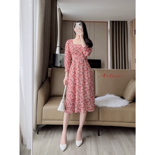 Váy đầm cổ vuông nhún ngực, đầm hoa tay dài von nhí thời trang cho nữ