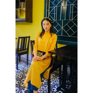 Set Áo Dài Rosemary Lụa Tây Thi Vàng Đậm
