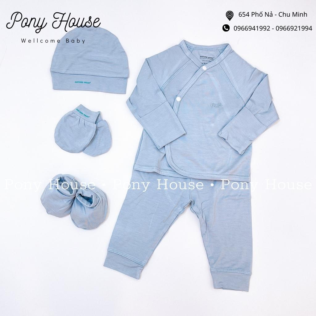 Bộ Sơ Sinh Dài Tay Nature Wear Cài Lệch (Cài Chéo) Kèm Mũ Bao Tay Chân Chất Bambo Siêu Mềm Mịn Cho Bé Trai, Bé Gái 0-3M