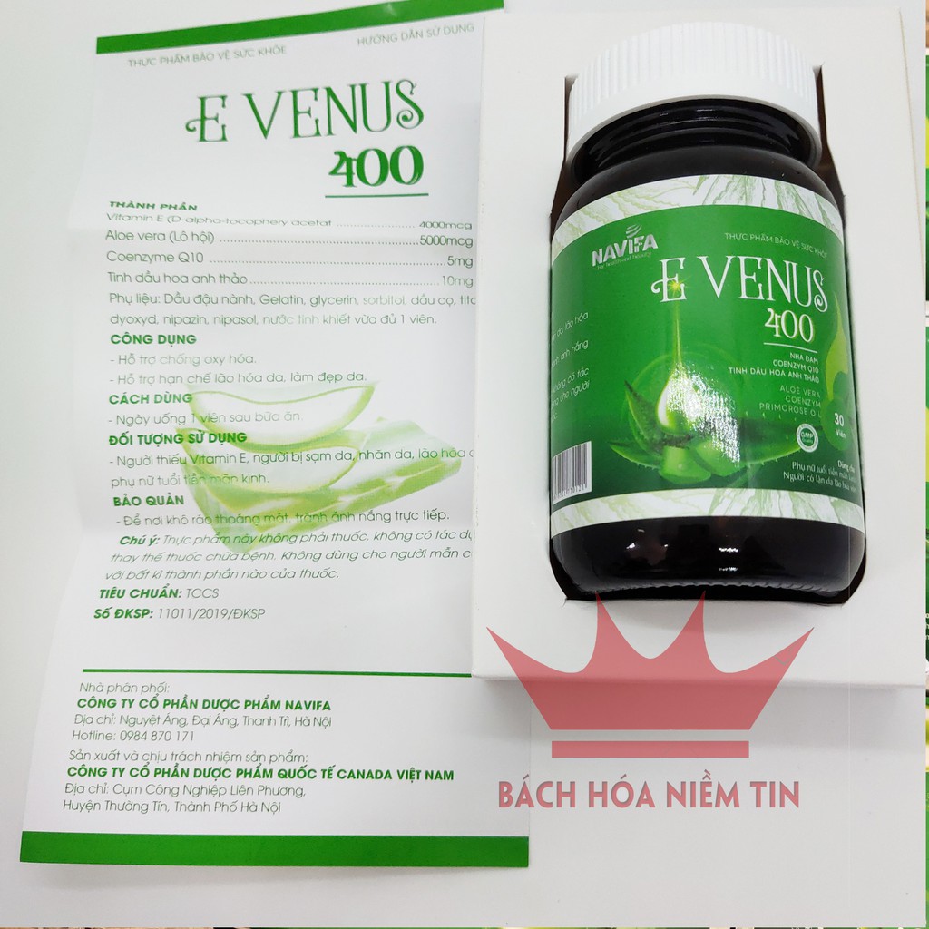 Vitamin E - Nha đam - E VENUS 400 - chống lão hóa làm đẹp da, ngừa sạm da, nhăn da hiệu quả - Hộp 30 viên Chuẩn GMP Bộ Y