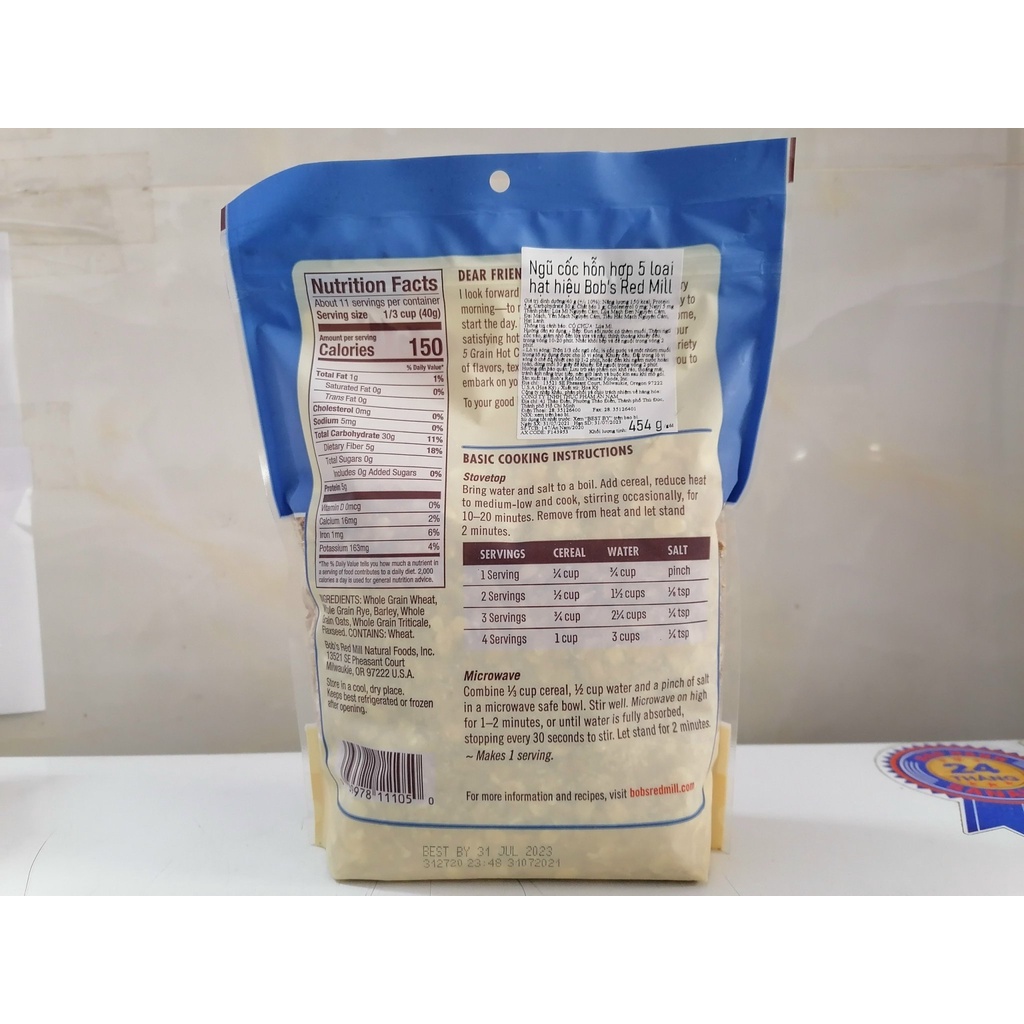[Túi 454g] [5 LOẠI HẠT] NGŨ CỐC HỖN HỢP [USA] BOB’S RED MILL 5 Grain Hot Cereal (anm-hk)