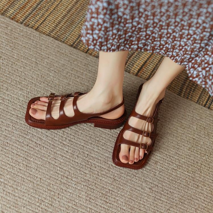 Giày Sandal Hở Ngón Đế Thấp Mềm Mại Màu Nâu Phong Cách Roman Thời Trang Mùa Hè Cho Nữ