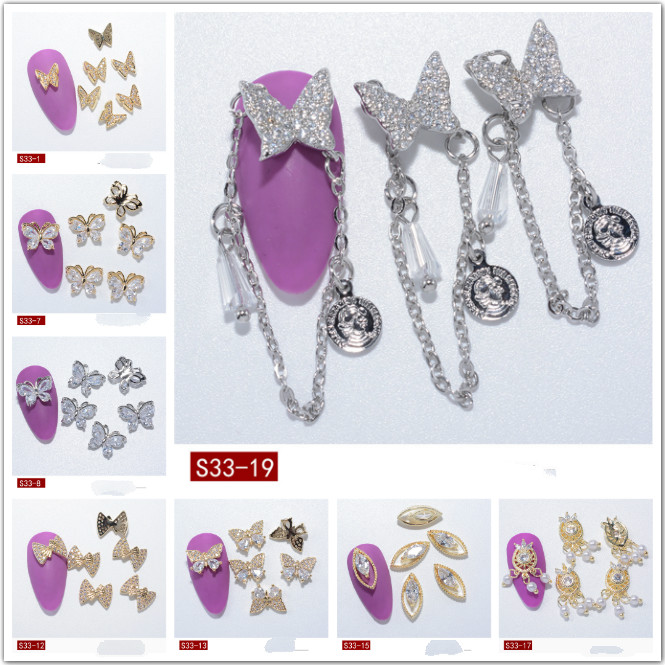 Cod Qipin 1pcs Luxury Nail Ornament Manicure Diamond Alloy Butterfly Chain Pendant Decor with 8 Styles