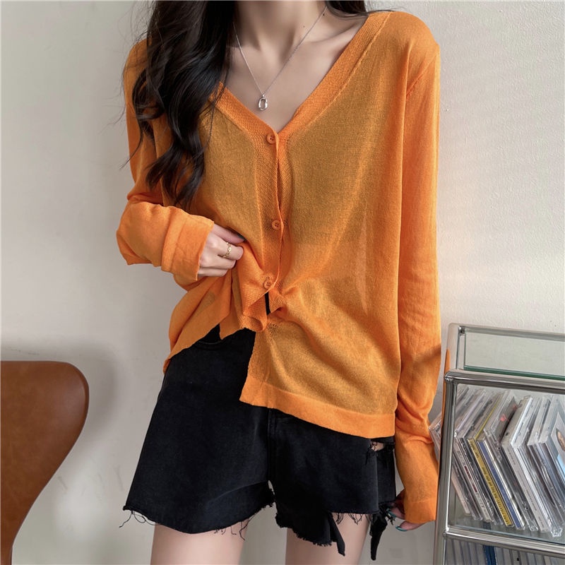 Jiashucheng Áo Cardigan Dệt Kim Tay Dài Chống Nắng Phong Cách Xuân Hè Thoáng Khí Mỏng Cho Nữ v-Ne