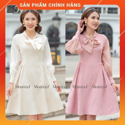 Váy Nhung phối tay, Cổ buộc nơ - Monsta- F Thời Trang Công Sở, Dạo phố