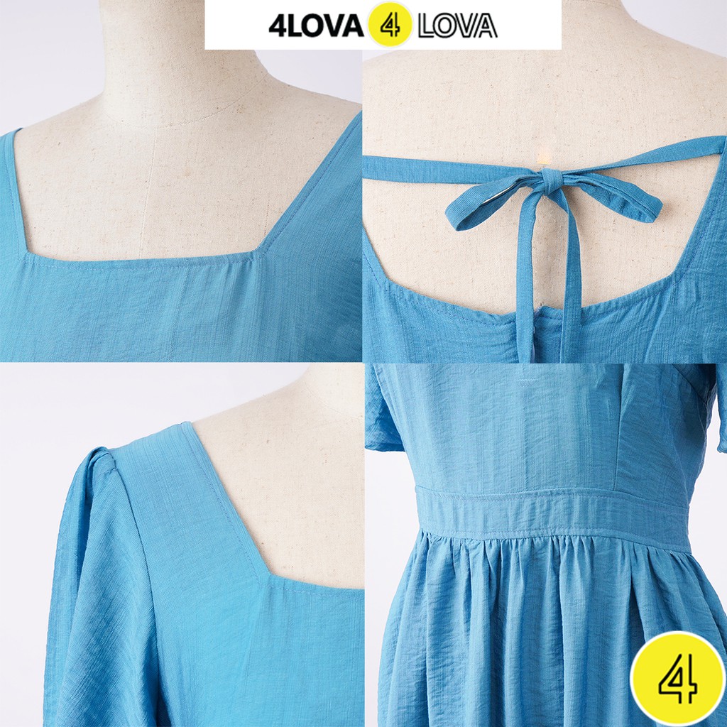 Váy xòe babydoll nữ 4LOVA thiết kế tay bồng phối cổ vuông thắt nơ sau trẻ trung