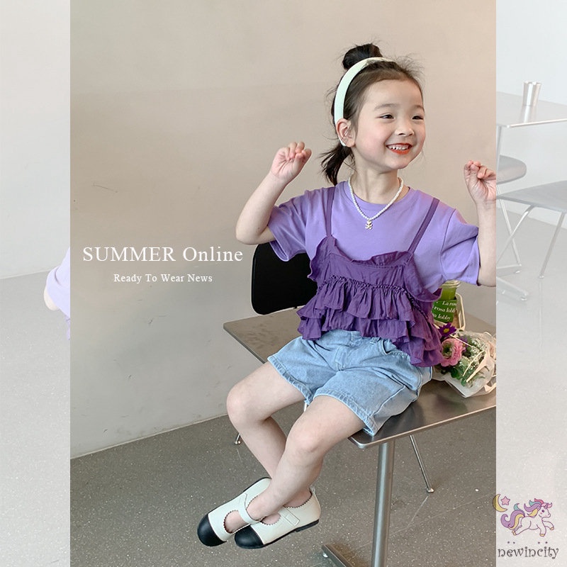 Bộ Áo Thun Cotton + Quần Yếm Nhún Bèo Phong Cách Hàn Quốc Thời Trang Mùa Hè Cho Bé Gái