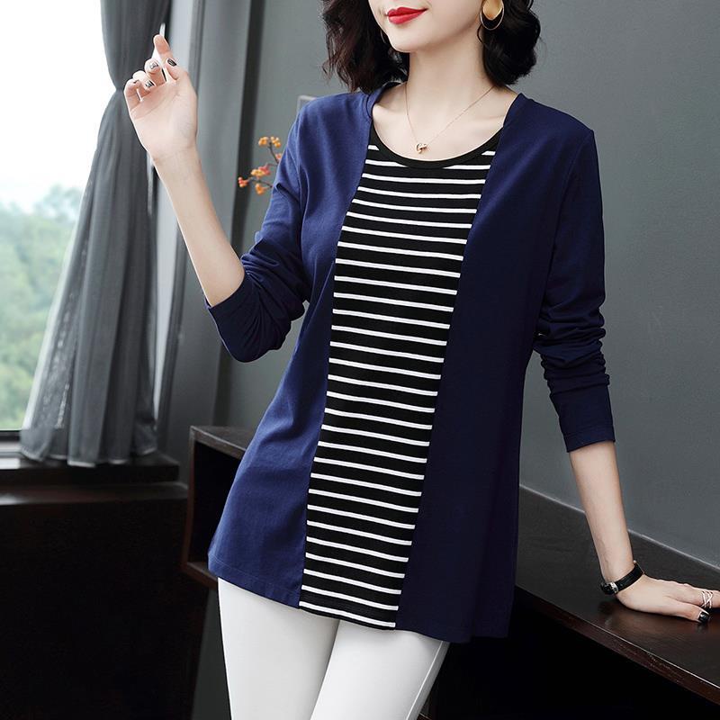 Áo thun tay dài dáng rộng họa tiết kẻ sọc thời trang cho phụ nữ trung niên