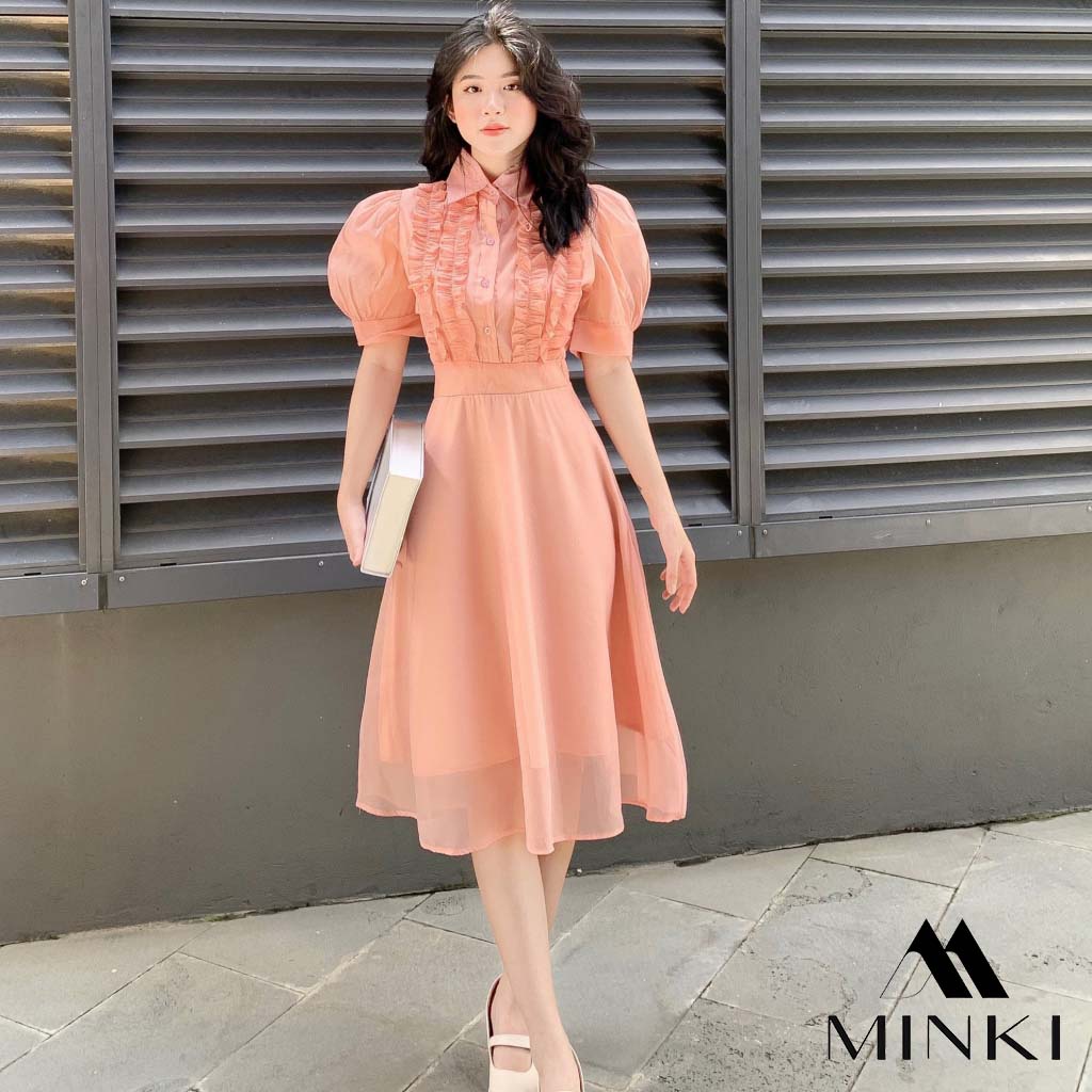 [CAO CẤP] ĐẦM SƠ MI TAY BỒNG DỊU DÀNG - CHẤT LIỆU VOAN TƠ CAO CẤP - MÀU HỒNG/ NUDE | BigBuy360 - bigbuy360.vn