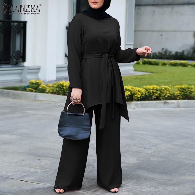 Zanzea Set Đồ Hồi Giáo Gồm Áo Tay Dài Cổ Tròn Và Quần Ống Rộng Có Túi Dành Cho Nữ