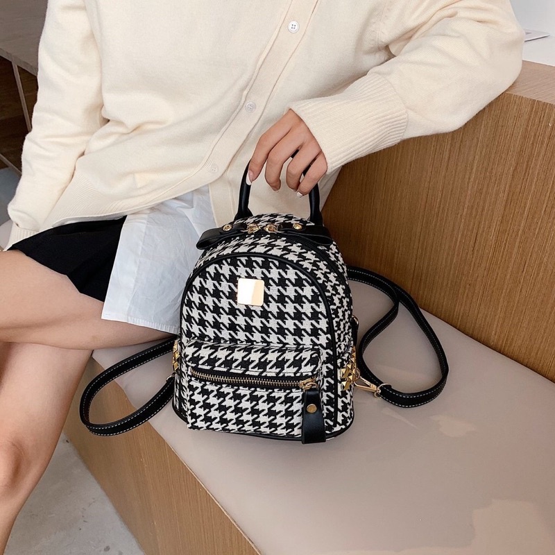 Balo mini thời trang kẻ ô2 màu đen nâu