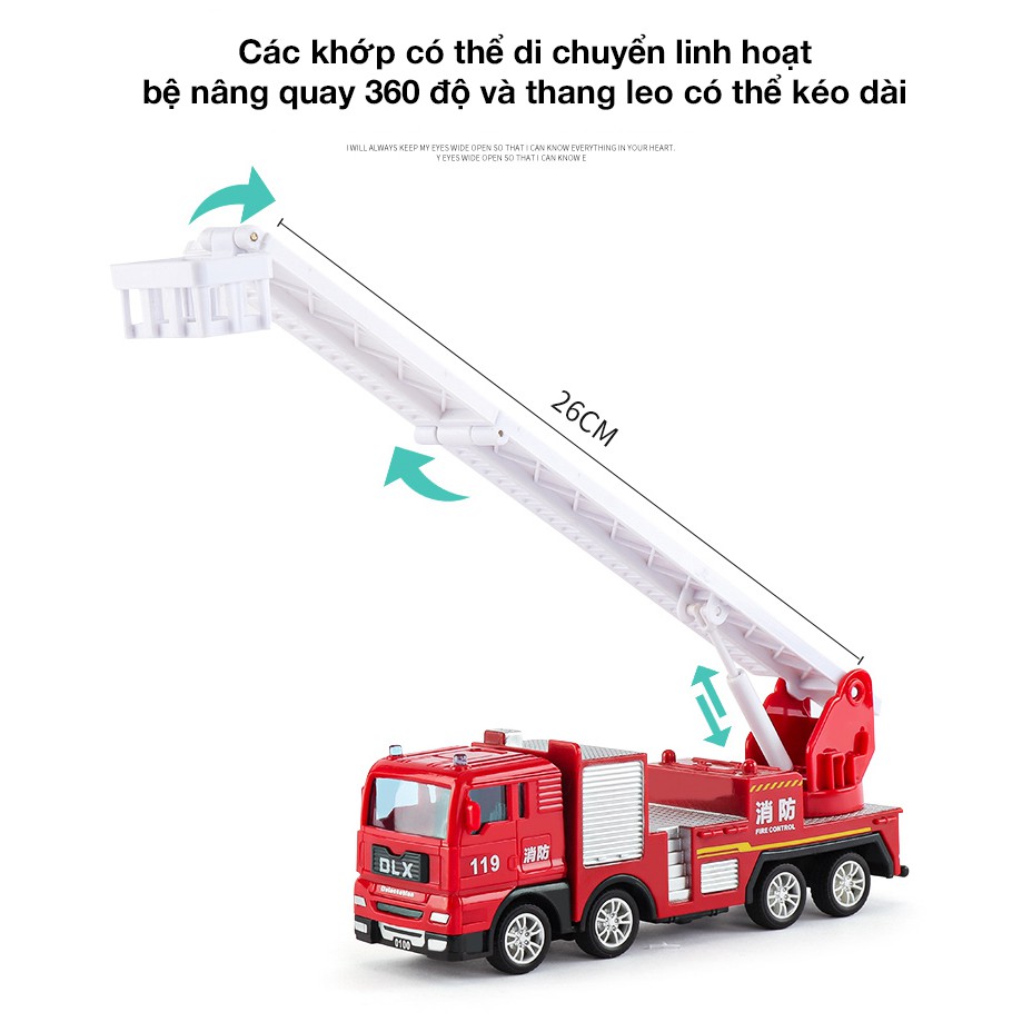 Đồ chơi cho bé xe cứu hỏa thang gập, mô tả chi tiết xe ngoài đợi thực, giúp bé nhận biết, tăng trí tưởng tượng