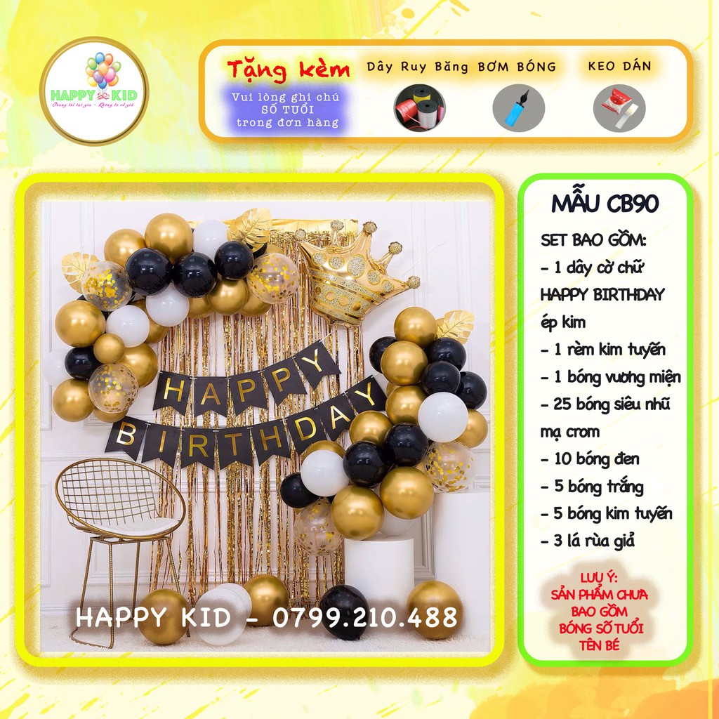 Set Bóng Trang Trí Sinh nhật 2 Tone Màu Vàng Gold Đen Giống Như Hình Tặng Kèm Dây Kết Bóng, Bơm, Ruy Băng