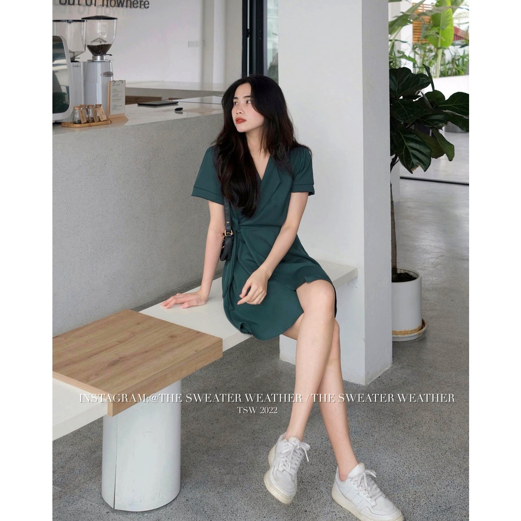 🍀Váy Cộc Tay Cổ Vest Buộc Eo Nhẹ Nhàng Tiểu thư🍀 Đầm Thắt Dây Dáng A - Đen/ Xanh