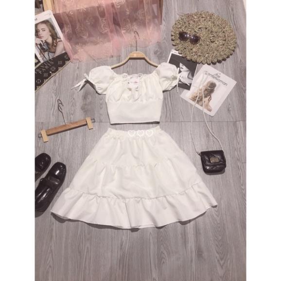 Sét Váy Áo Cổ Vuông Hoặc Trễ Vai Croptop + Chân Váy Xoè Màu Trắng ( Ảnh Thật ) | BigBuy360 - bigbuy360.vn