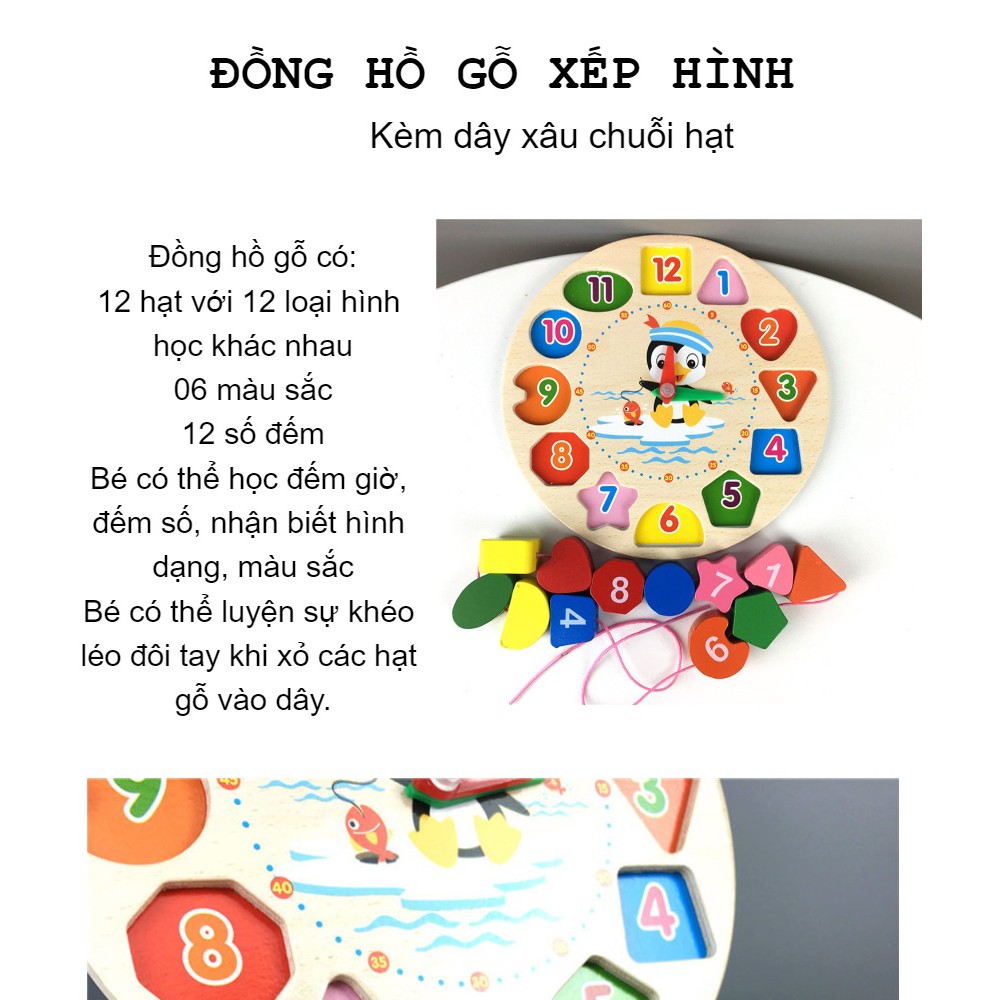 [Sale off 50%] Đồng hồ Gỗ xếp hình (Kèm dây xâu chuỗi hạt) - Đồ chơi gỗ Baby Toys- 003