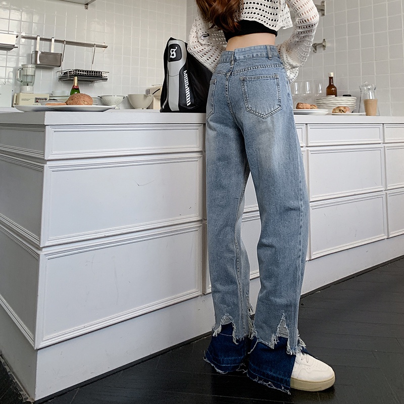 Quần jeans ZHELIHANGFEI dáng dài xẻ rách gấu thời trang phong cách cá tính cho nữ